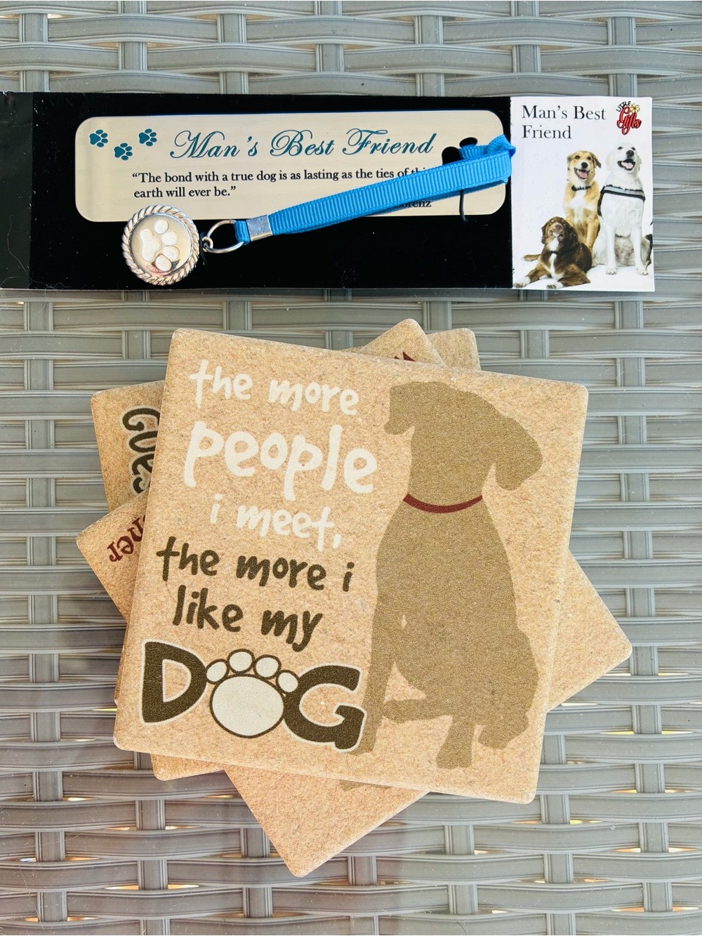 2 For 1: Set 4 Dog Sandstone Coasters + Silver Man’s Best Friend Bookmark🐾
